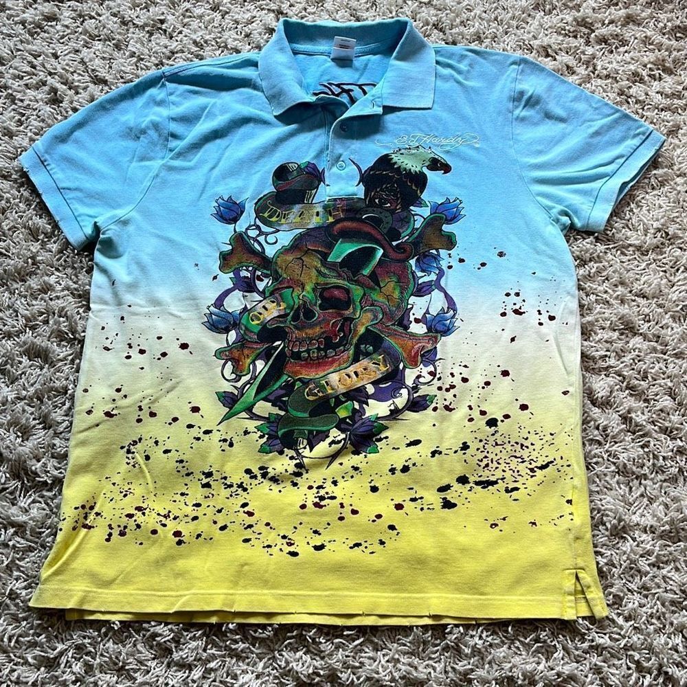 Vintage Y2K Ed Hardy Skull Tattoo Polo Shirt Size XXL